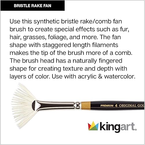 Miniatura 7 de KINGART Premium Original Gold 9246-2 Bristle RAKE Fan Series - Cepillo para artista, cerdas sintéticas, mango corto, para acrílico, acuarela,