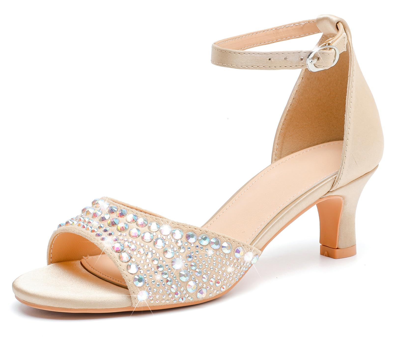 DADAWEN Women's Dressy Rhinestone Low Kitten Heel Ankle Strap Open Toe Sandals Dress Shoes Pump Sandals for Wedding Party Evening