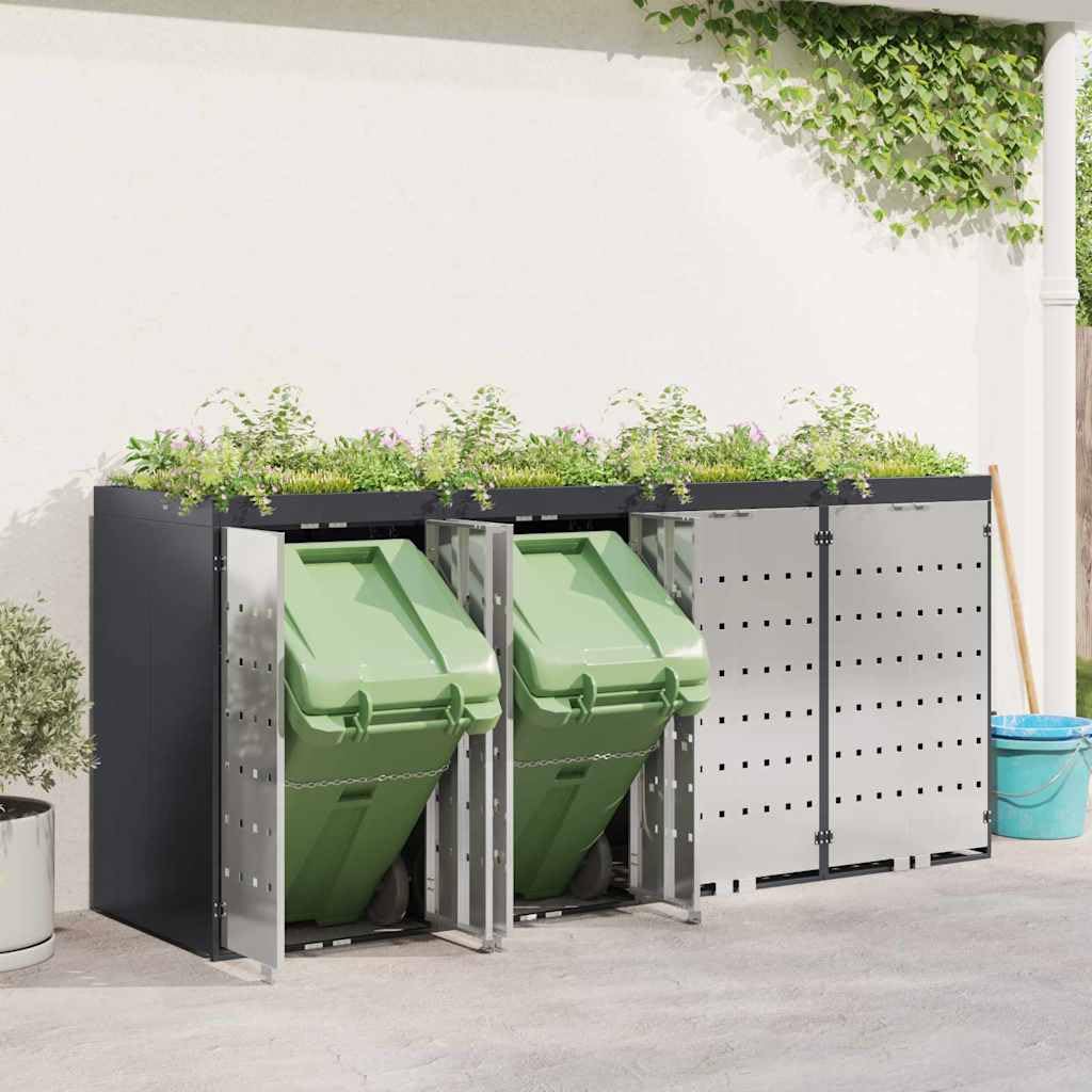 Copribidoni per 4 Bidoni di Spazzatura con Fioriera Contenitori Pattumiera Cassonetti Rifiuti 240 L Box in Acciaio Argento/Antracite Coperchio Bidone Resistente 4 Porte
