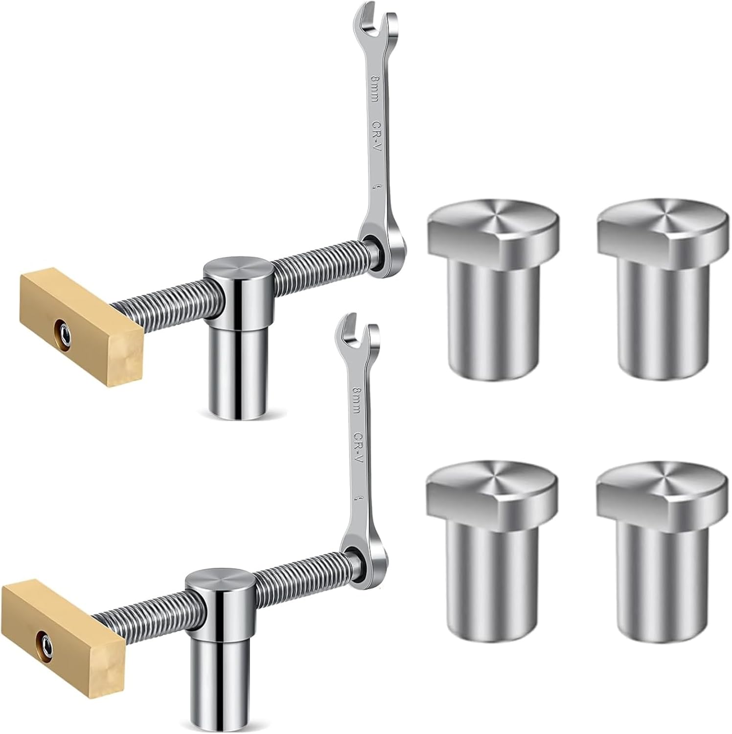 2PCS 3/4 Inch Bench Dog Clamps, 19mm Stainless Steel Brass Woodworking Desktop Stop Bench Dog Clamps Workbench Fast Fixed Clip with 4 Bench Dogs and 2 Ratchet Wrenches (Silver)
