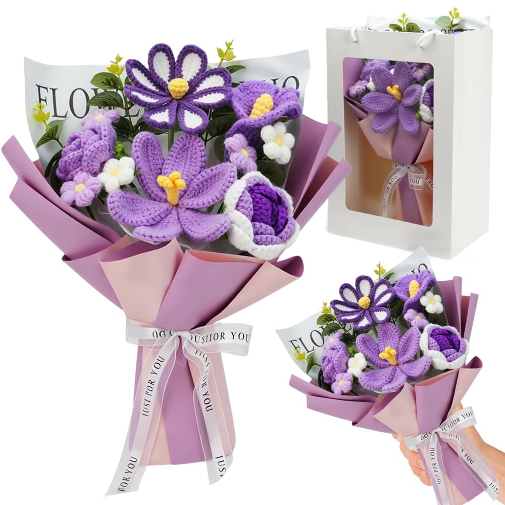 YANGUN Crochet Flowers Bouquet, Knitted Flower Bouquet for Home Decor, Weddings, Birthdays, Mother's Day Graduation, Christmas with Gift Bag, Purple