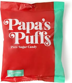 Papa's Puffs Peppermint Flavored Pure Sugar Candy - Individually Wrapped in 5.05oz Bag - Fat-Free, Gluten-Free, Cholesterol-Free - Manufactured in the USA