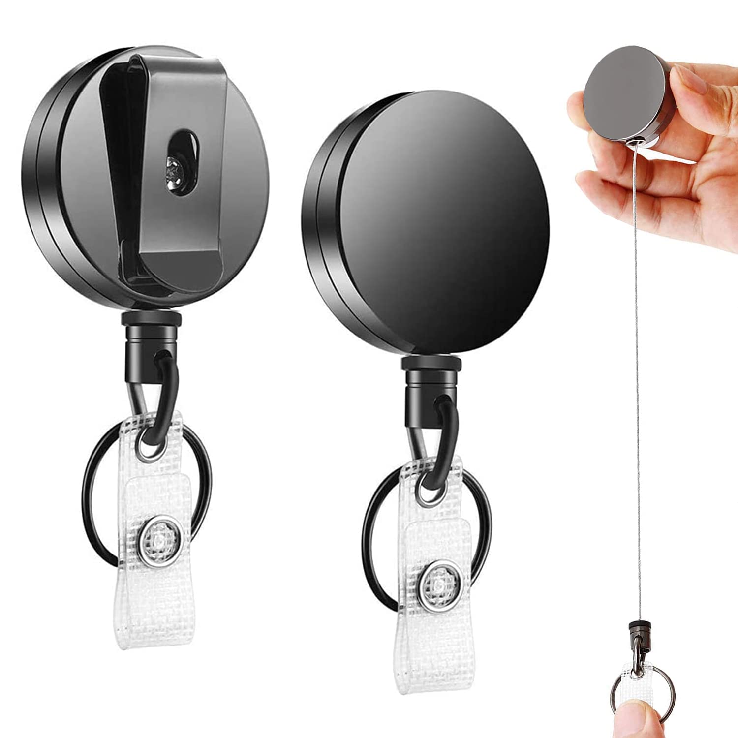 2 Pack Heavy Duty Retractable Badge Holder Reel, Will Well Metal ID Badge Holder with Belt Clip Key Ring for Name Card Keychain [All Metal Casing, 27.5" Steel Wire Cord, Reinforced Id Strap]