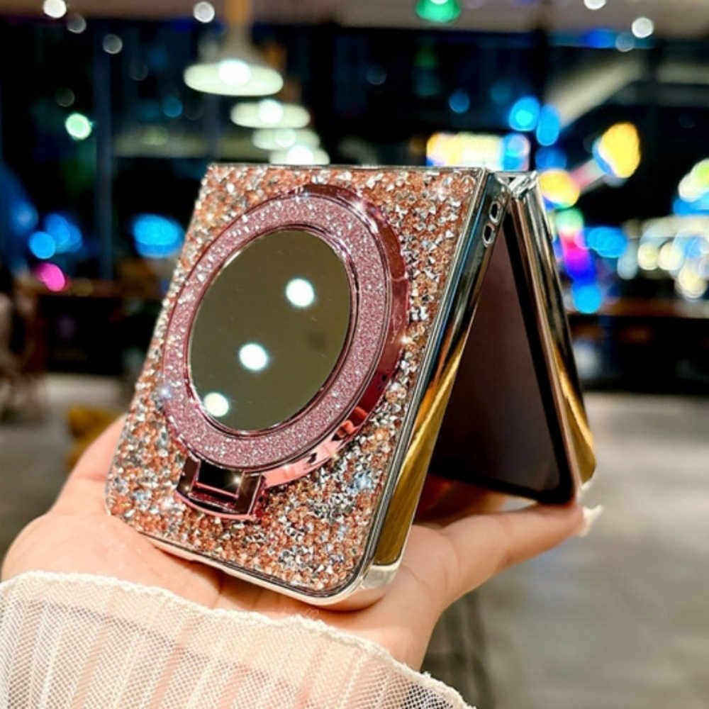 Samsung Galaxy Z Flip 6 5 4 3 5G用高級ダイヤモンドメッキグリッターミラーマグネットホルダーケース、落