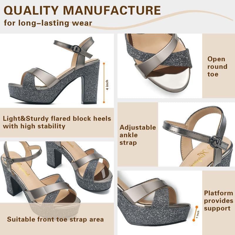Womens Sparkly Platform Dress Sandals for Women Chunky Block Heel 3.8 Inch High Heels Open Toe with Strap for Women Comfortable Sexy Dressy Prom Wedding Party Evening Shoes - Image 6
