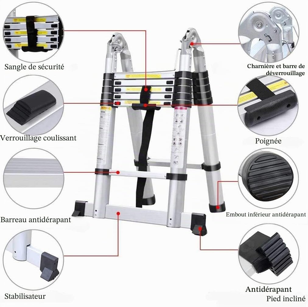 Échelle pliable en forme de A de 3,8 m (1,9 + 1,9 m) - Échelle télescopique en aluminium - Portable - Multifonction - Capacité de charge de 150 kg - Pour la maison, le bureau, le bricolage, les