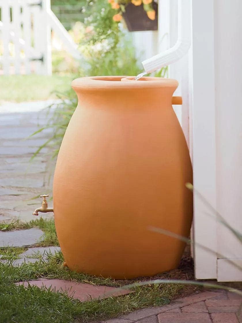 Gardener's Supply Company 50 Gallon Rainwater Collection Urn | Outdoor Water Catcher Barrel | Hose Included | Brass Spigot - Terra Cotta Color