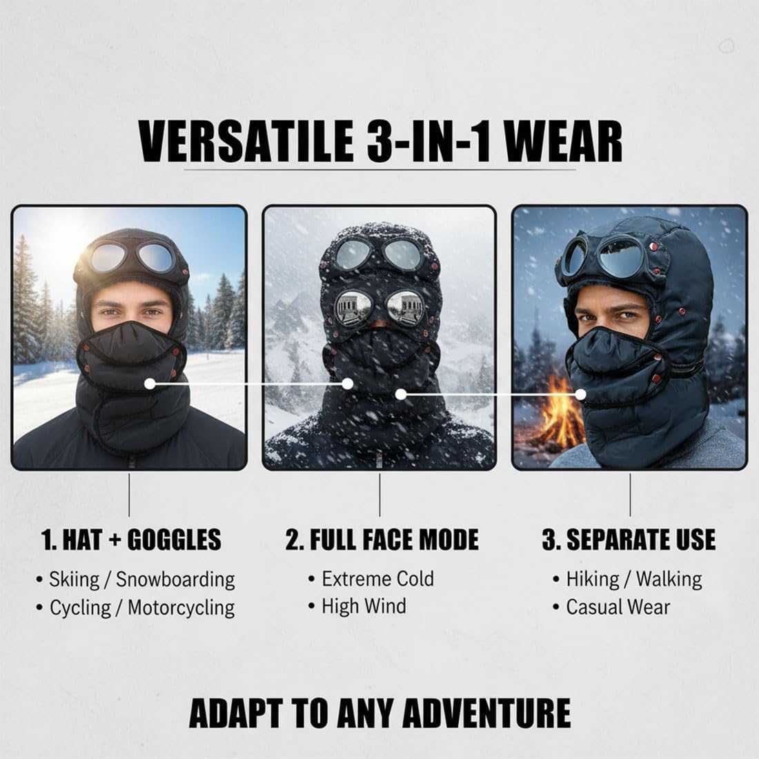 Winter Thermal Hat with Glasses, Outdoor Warm Windproof Mask Hat Trapper Hats with Goggles Detachable Mask Neckband