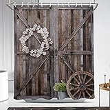Coxila Barn Door Shower Curtain Rustic Farmhouse Country Western Cabin Farm House Vintage Retro Antique Brown Wooden Plank Board Countryside Village Unique 60 x 72 Inch Polyester Fabric 12 Pack Hooks