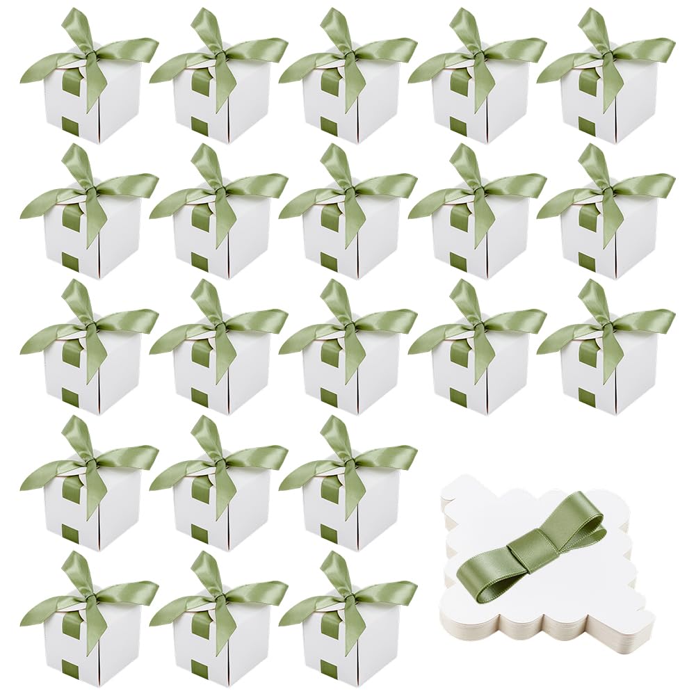 BENECREAT 60Pcs Wedding Favor Boxes, 6.5x6.5x6.5cm/2.6x2.6x2.6 Inch Wedding Party Gift Boxes with Green Ribbon for Birthdays, Parties, Anniversaries, Christmas