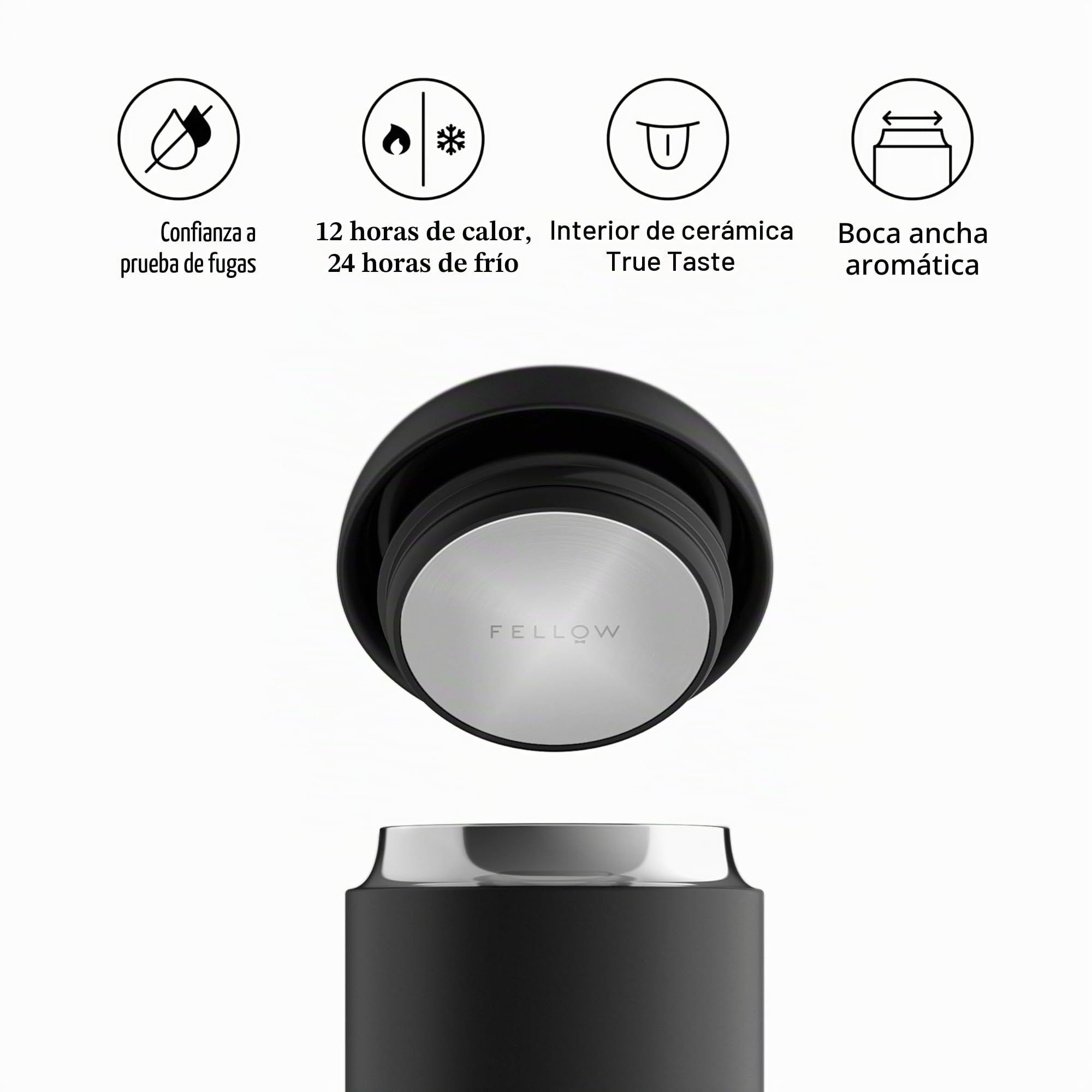 Fellow Carter Everywhere | Taza de viaje | Vaso para café y té de acero inoxidable con aislamiento al vacío, de boca ancha con interior de cerámica | Negro mate | 355 ml