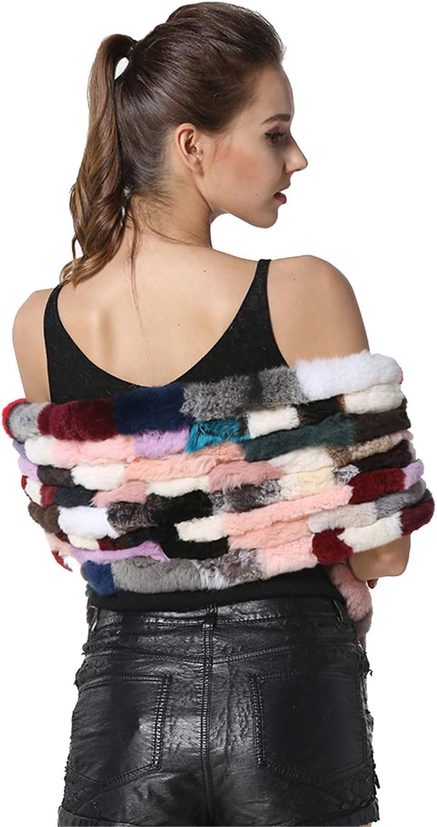 KAISHIN Striped Shawl Scarf for Women Winter Casual Wide Scarves Wraps Ladies Real Rex Rabbit Fur Stoles