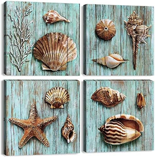 Coastal Wall Decor Beach Seashell Wall Art for Bathroom Ocean Decor Rustic Teal Blue Conch Shell Artwork Nautical Decoration Starfish Canvas Pictures Bedroom Kitchen Farmhouse Home Decor 12x12" 4 Pcs