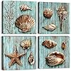 Rustic seashell wall art beach decor coastal teal blue conch shell canvas prints farmhouse ocean wall decor nautical beachy starfish pictures living room bathroom bedroom home decorations 12×12 4 pcs  urban country home decor