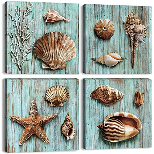Teal Sea Shells Wall Art Nautical Seashell Bathroom Decor Vintage Coastal Wall Prints Rustic Beach Theme Pictures Ocean Starfish Canvas Paintings Posters Beachy Artwork Kitchen Decorations 12x12" 4Pcs by YOOOAHU - Used condition - US$24.27