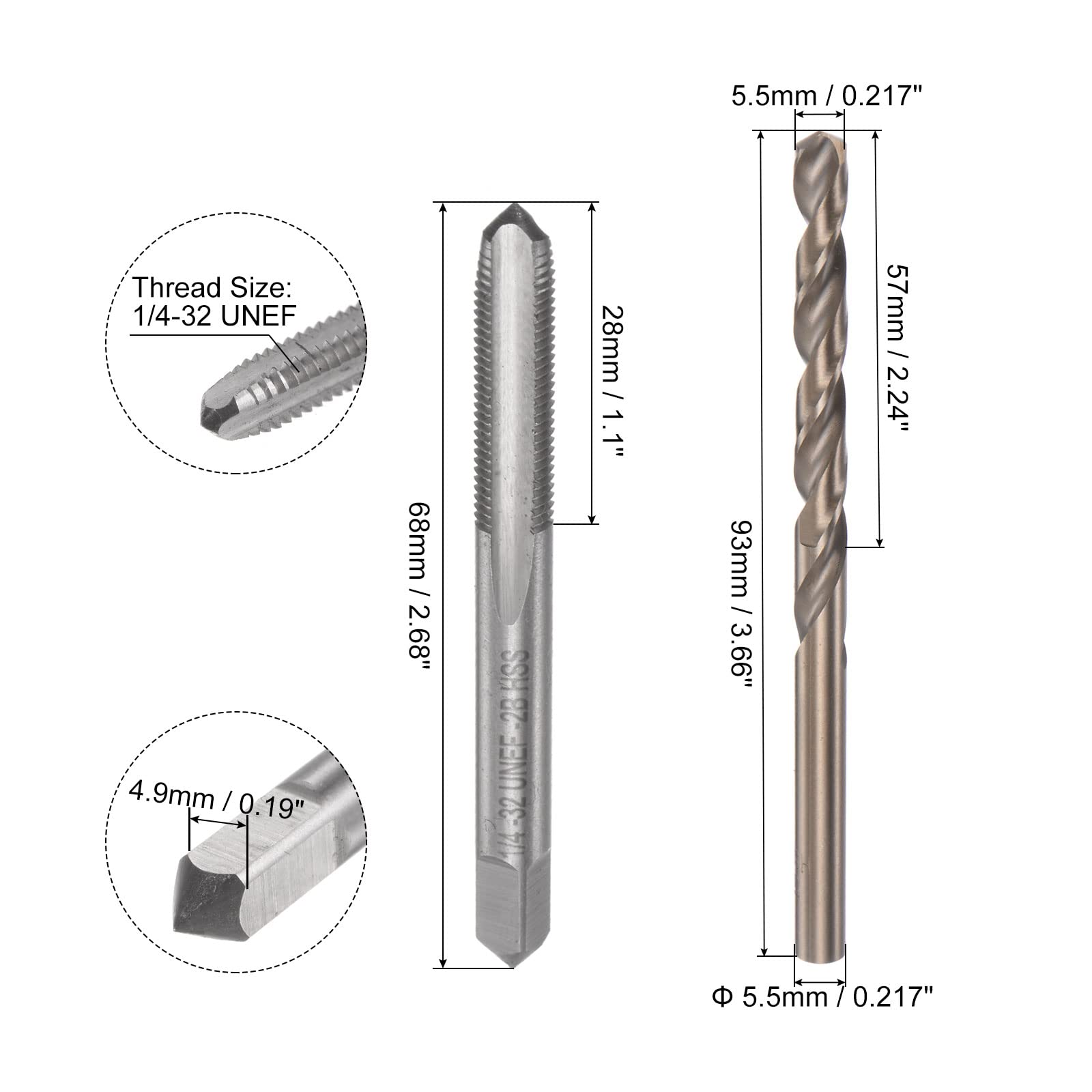 Juegos de machos y Brocas, Macho de fresado de roscas de Flauta Recta UNEF 2B de 1/4-32, Broca helicoidal de Acero de Alta Velocidad al Cobalto (HSS-CO) de 5,5 mm M35