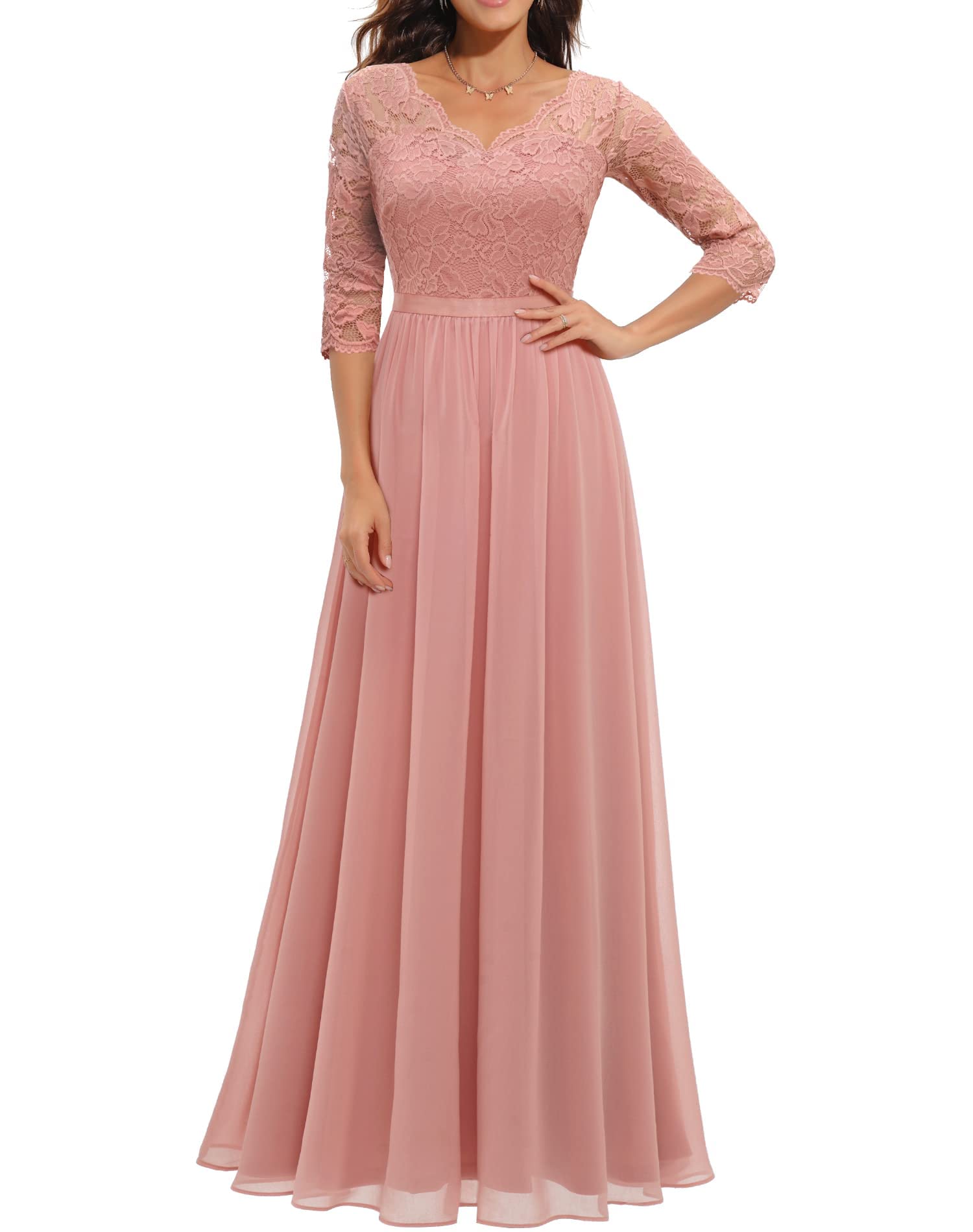 Women's Formal Floral Lace Maxi Dress Evening Party Elegant V-Neck Dresses for Wedding Guest