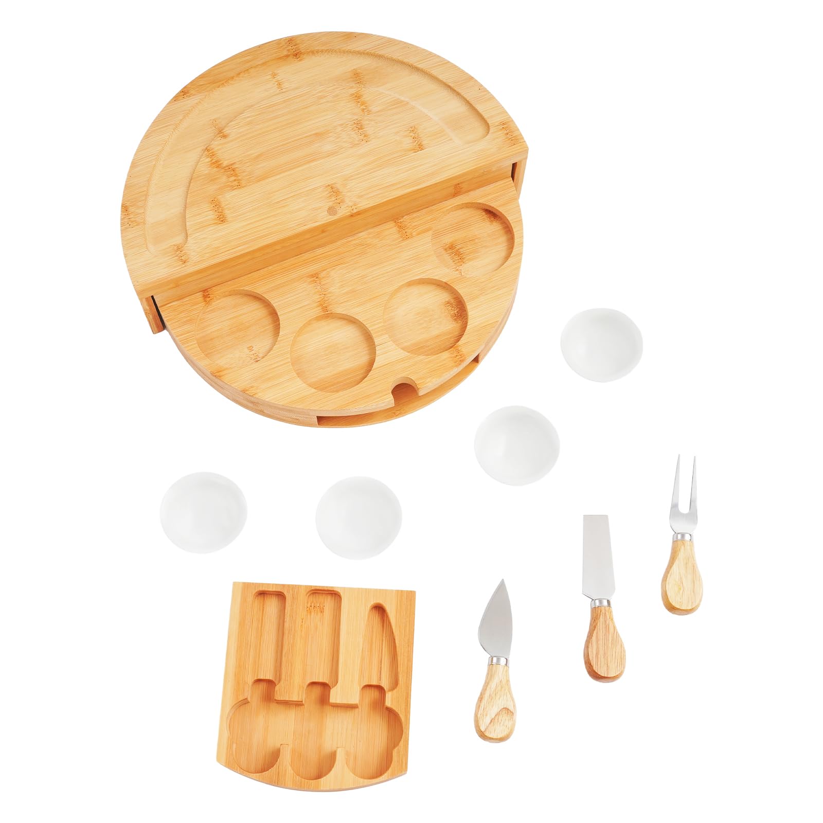 Ensemble de planches à fromage rondes en bambou avec couteaux à fromage et 4 bols en céramique, plateau de service rotatif de 32,5 cm, planche de service durable pour charcuterie, plateau à fromage