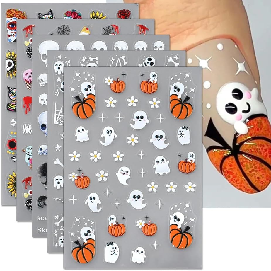 6 hojas de calcomanías de uñas de Halloween de dibujos animados fantasma, calabaza para mujeres, calcomanías de uñas de Halloween, calcomanías de