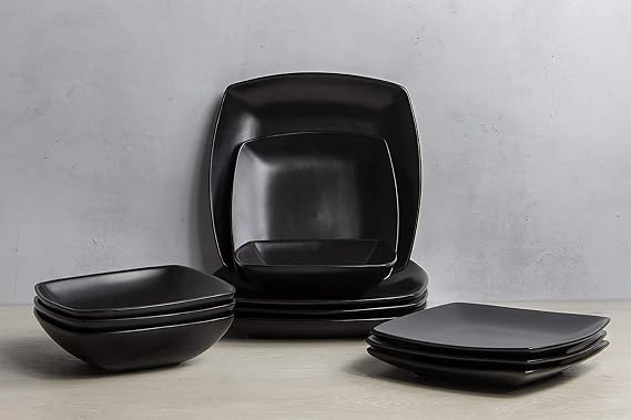 Creative Tops Raven Stoneware Square Dinner Set, Ceramic, Black, 12 Piece