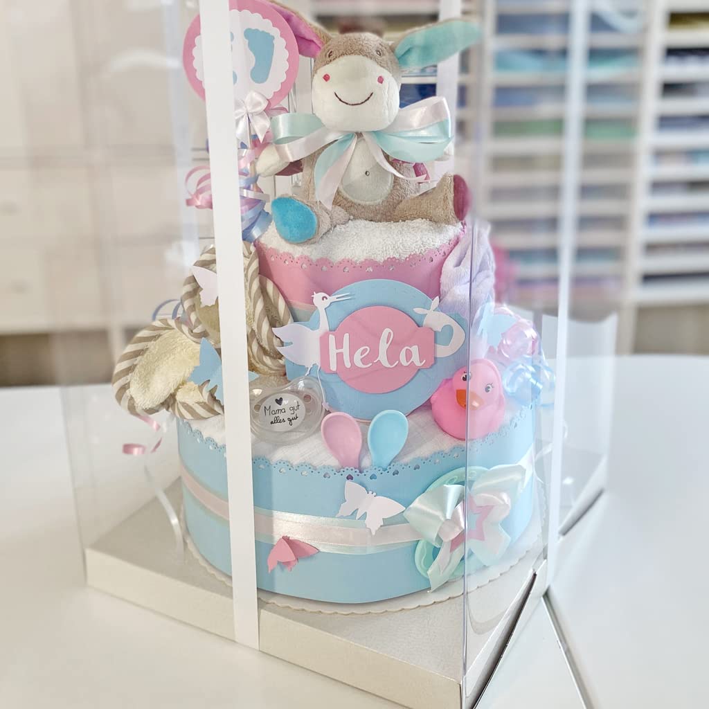 Gâteau de couches neutre 2 étages bleu-rose XL Cadeau de naissance