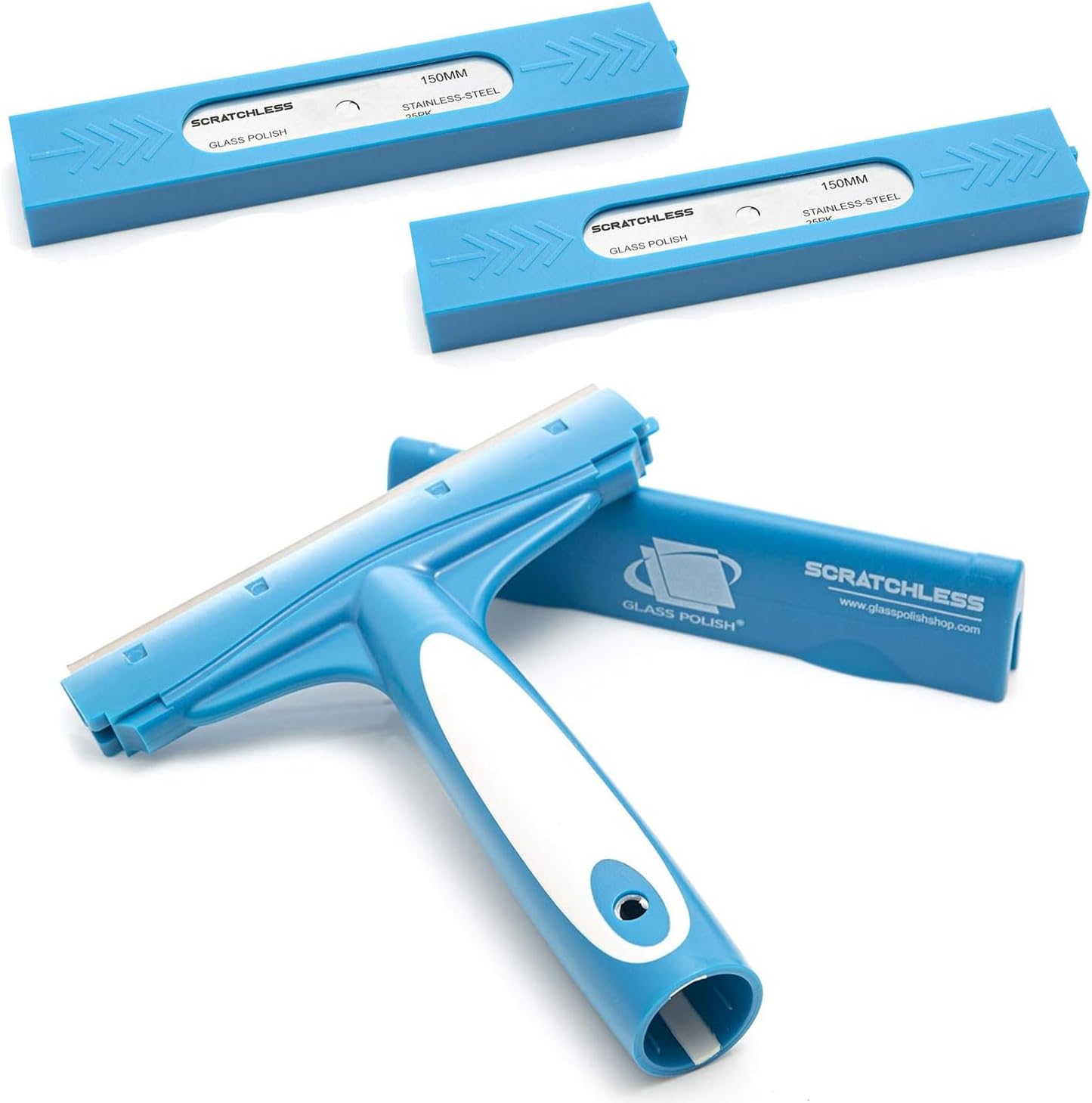 GLASS POLISH SCRATCHLESS 6" Scraper Bundle – Set of Professional Glass Scraper with Stainless Steel Blade and 2 packs of 25 Replacement Double-Edged Blades for Glass, Tiles, and Smooth Surfaces