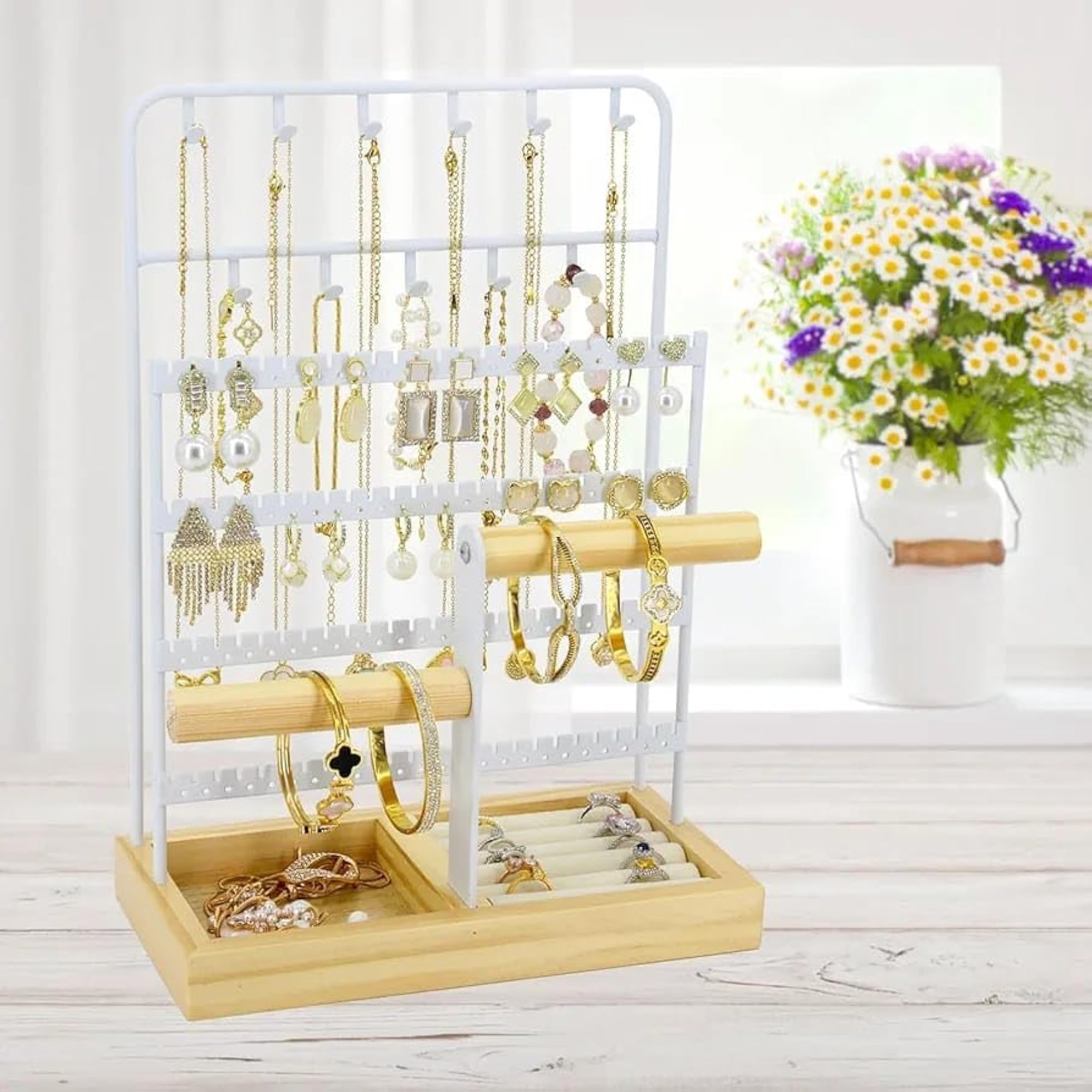 8-Tier Jewelry Organizer Stand with Tray & Hooks