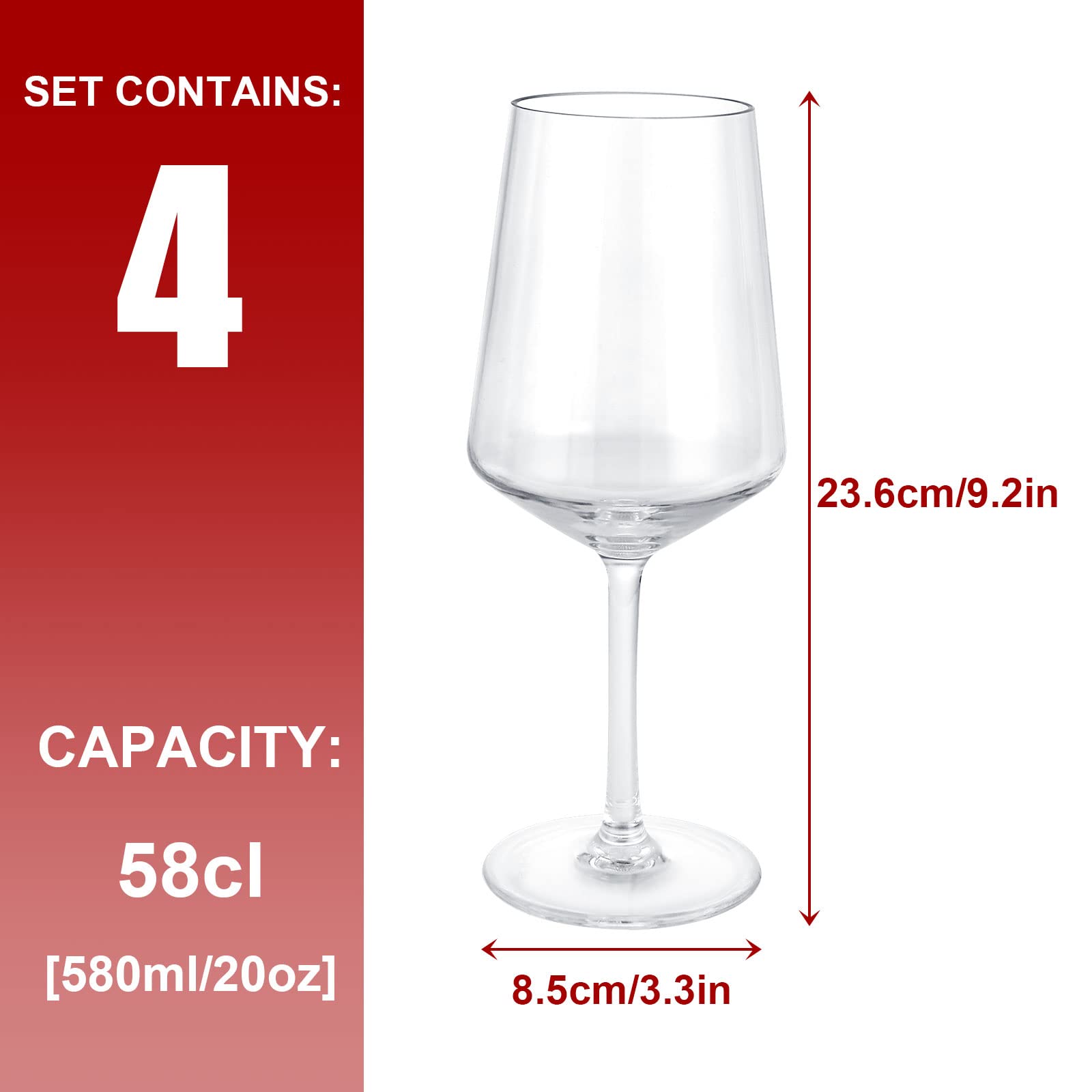 Set di 4 bicchieri da vino grandi in plastica da 580 ml infrangibili, riutilizzabili, in policarbonato, trasparente, per feste, campeggio, picnic, vasche idromassaggio, piscine