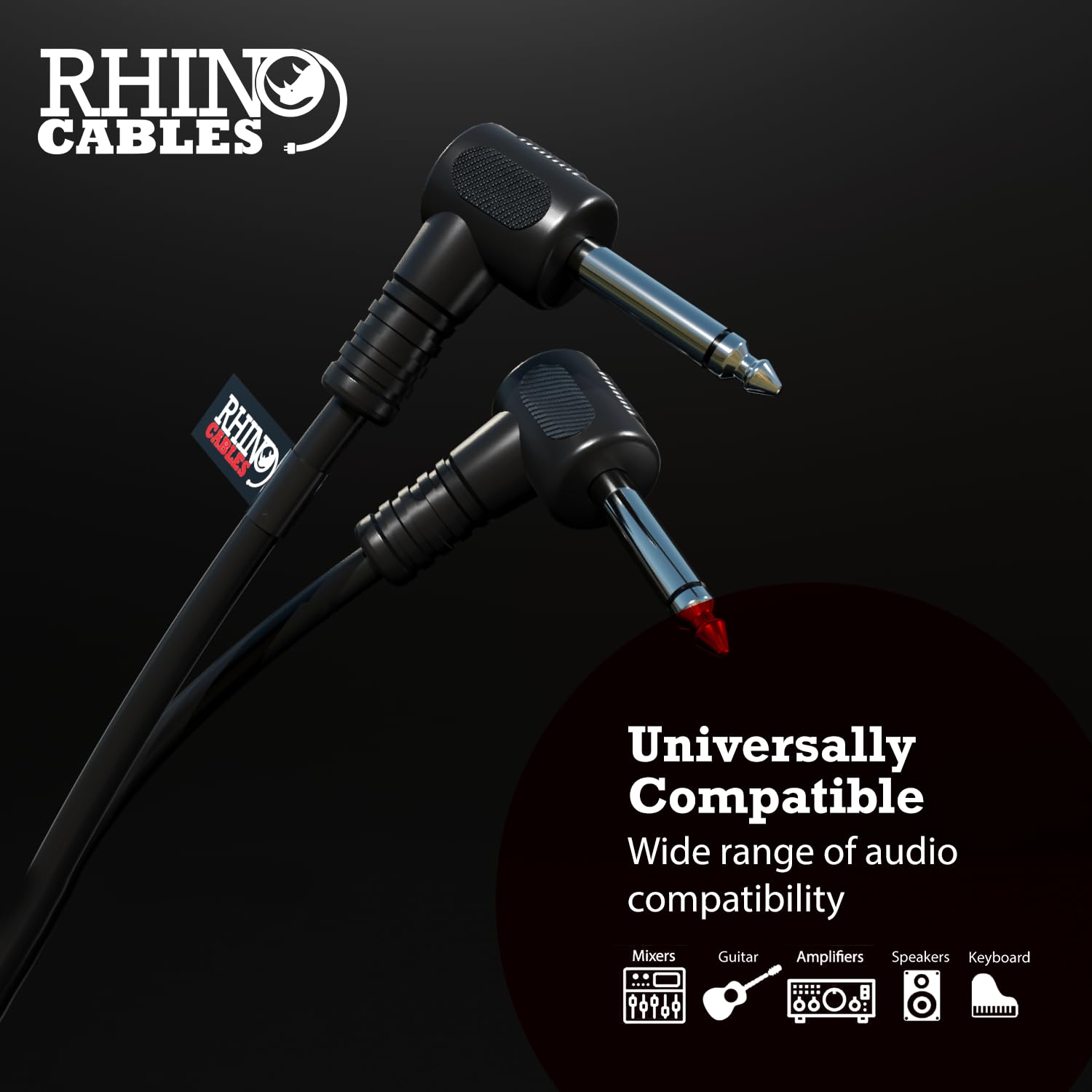 rhinocables 6.35mm Right Angle Instrument Cable - Mono Jack Lead for Guitars Bass, Keyboards, Drum Modules & Amplifiers - Image 2