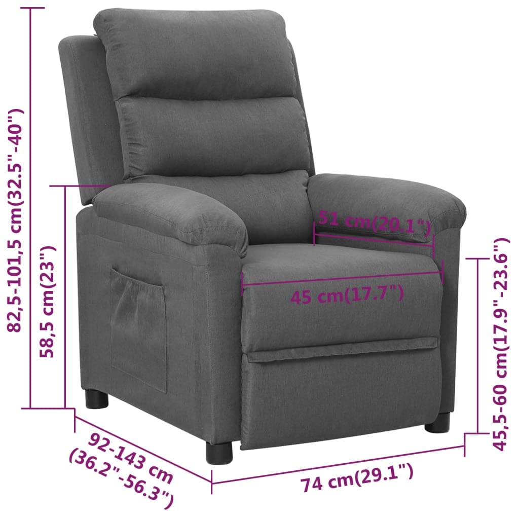 Fotel relaksacyjny, jasnoszary, materiał z ręczną funkcją leżenia, regulowane oparcie i podnóżek, ergonomiczny fotel tapicerowany z drewna i metalu, do salonu, kącika do czytania, biura i
