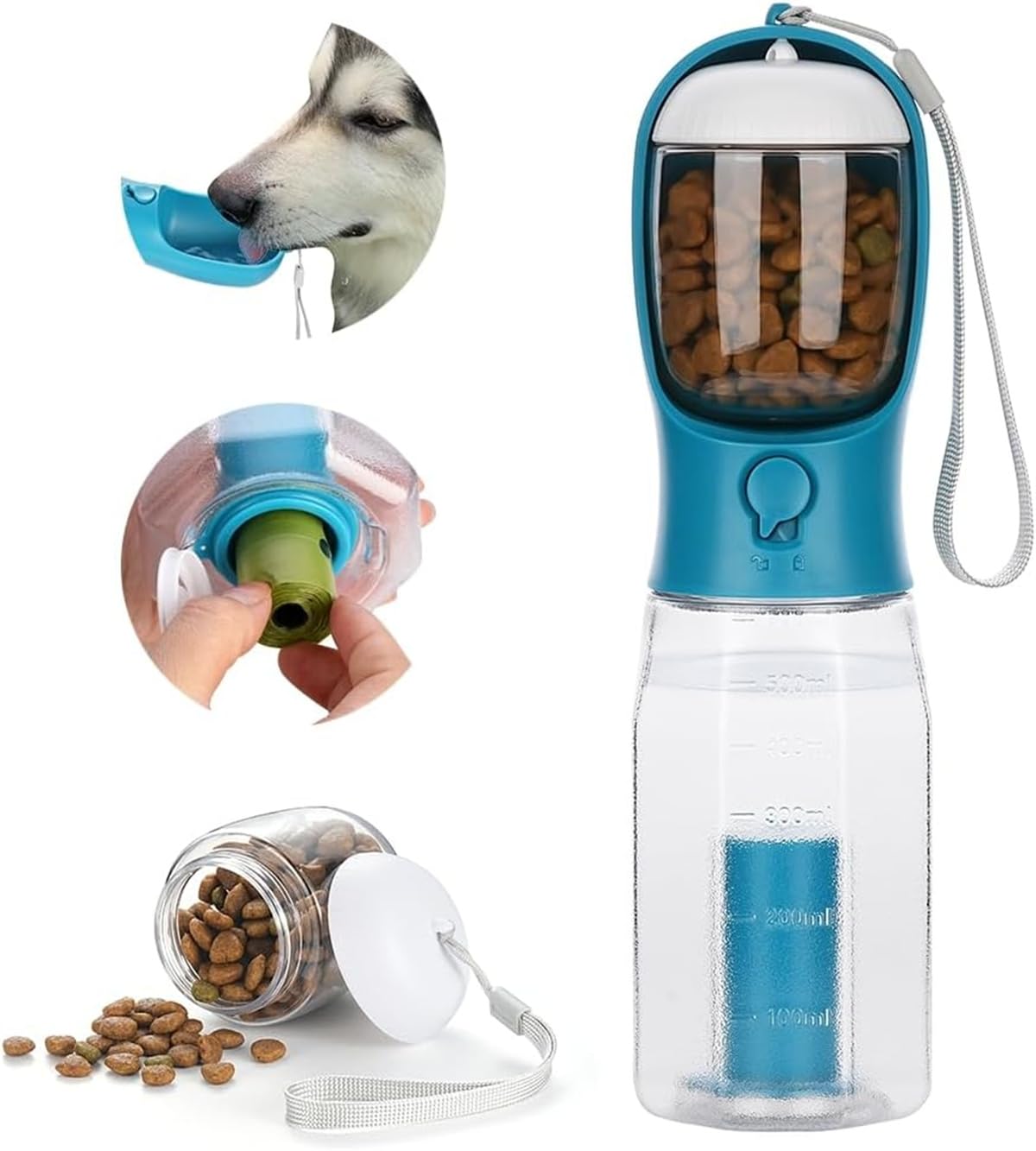 ERKIES Borraccia multifunzione portatile per cani, con 100 g, per animali domestici durante le escursioni (600 ml, blu scuro)