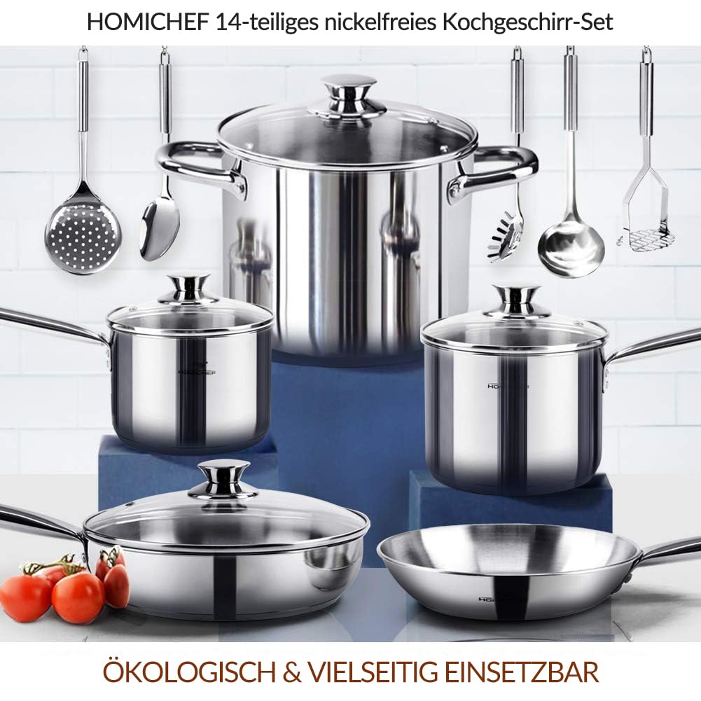 HOMICHEF 14-teiliges Nickelfreies Edelstahl Topfset Induktion - Topf und Pfannen Set mit Glasdeckeln - Gesundes Induktions Ungiftiges Kochgeschirr-Set