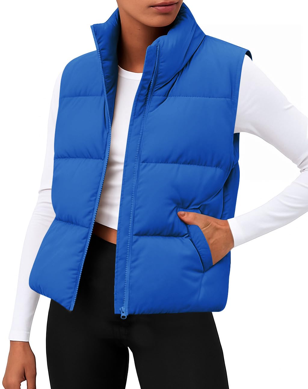 Women Puffer Vest Sleeveless Cropped Outerwear Warm Winter Lightweight Coat Stand Up Collar Down Jackets With Pockets-image-35