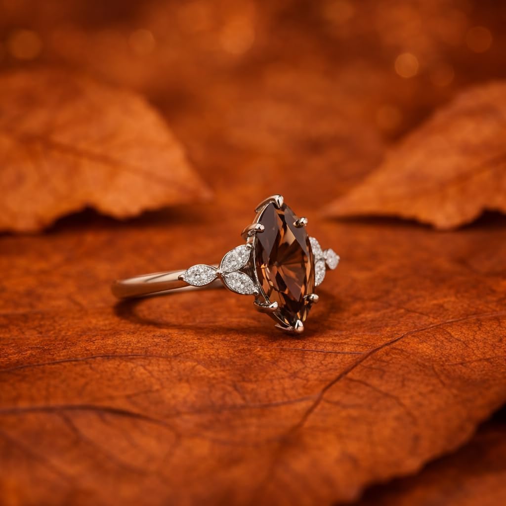 Marquise Cut Smoky Quartz Engagement Ring for Women 14K Rose Gold CZ Diamond Accent Ring Vintage Inspired Wedding Unique Promise Jewelry Gift for Her
