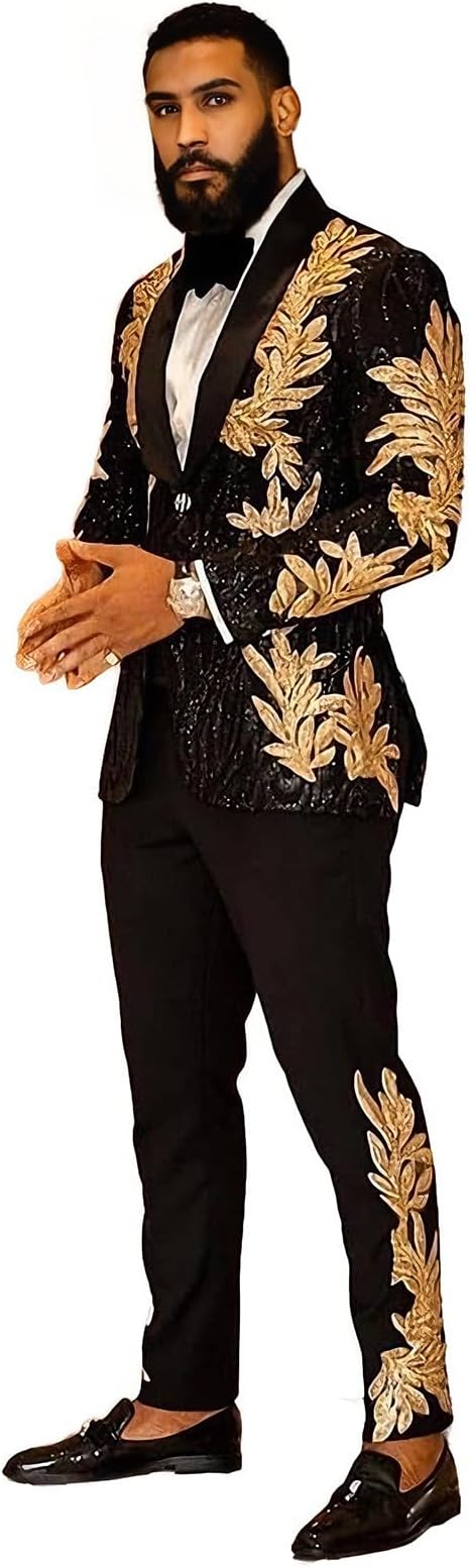 Men's Suit 2 Pieces Blazer and Pants Black with Gold Applique Fit for Wedding Prom