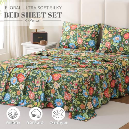 Bedlifes King Sheet Set Ultra Soft, Breathable, Silky Flower Deep Pocket 100% Microfiber Bedding, 4 Piece King Size with Floral Dark Green