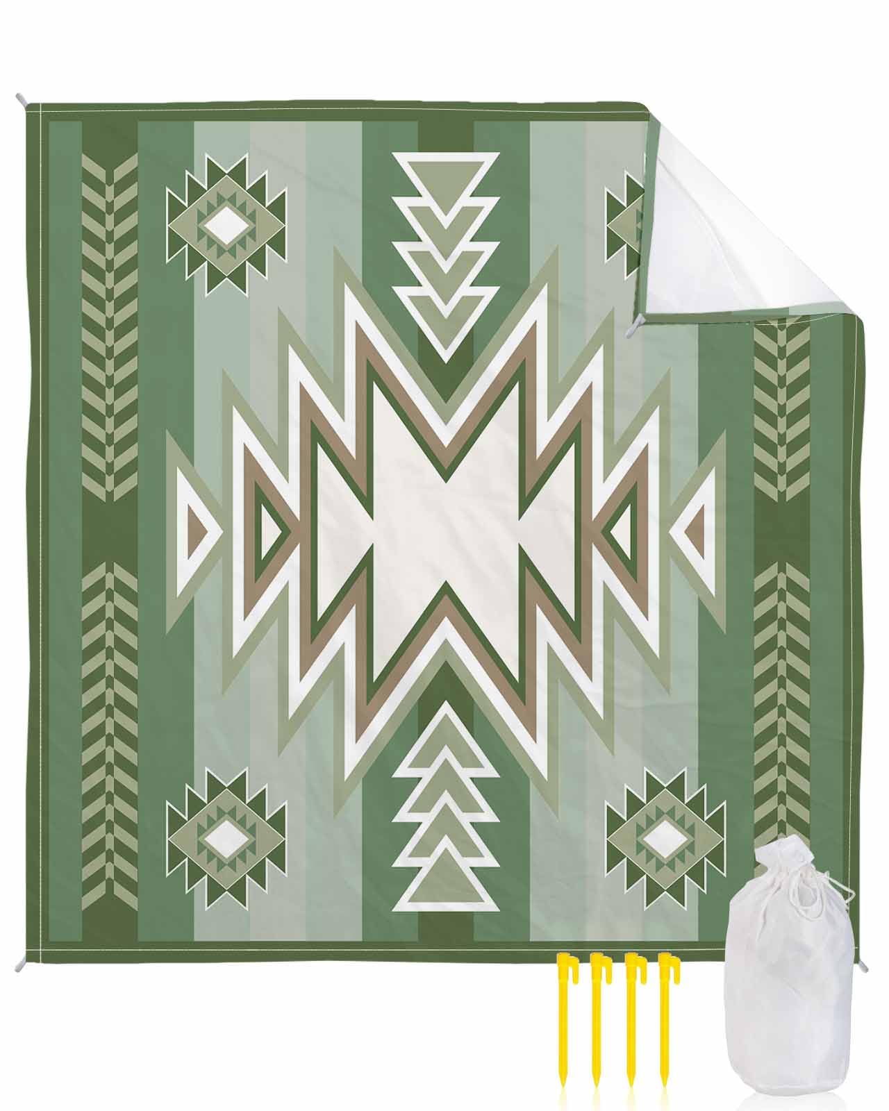 Boho Sage Green Ethnic Geometric Pattern Beach Blanket Extra Large 83x79in Outdoor Waterproof Sandproof Picnic Blankets with Stakes Lightweight Beach Mat for Camping Travel,Moroccan Ombre Stripe