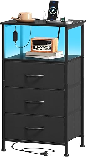 Miniatura 13 de Somdot Mesita de noche blanca con estación de carga y luz LED para dormitorio, cómoda de 2 cajones con contenedores de tela para mesita de noche,