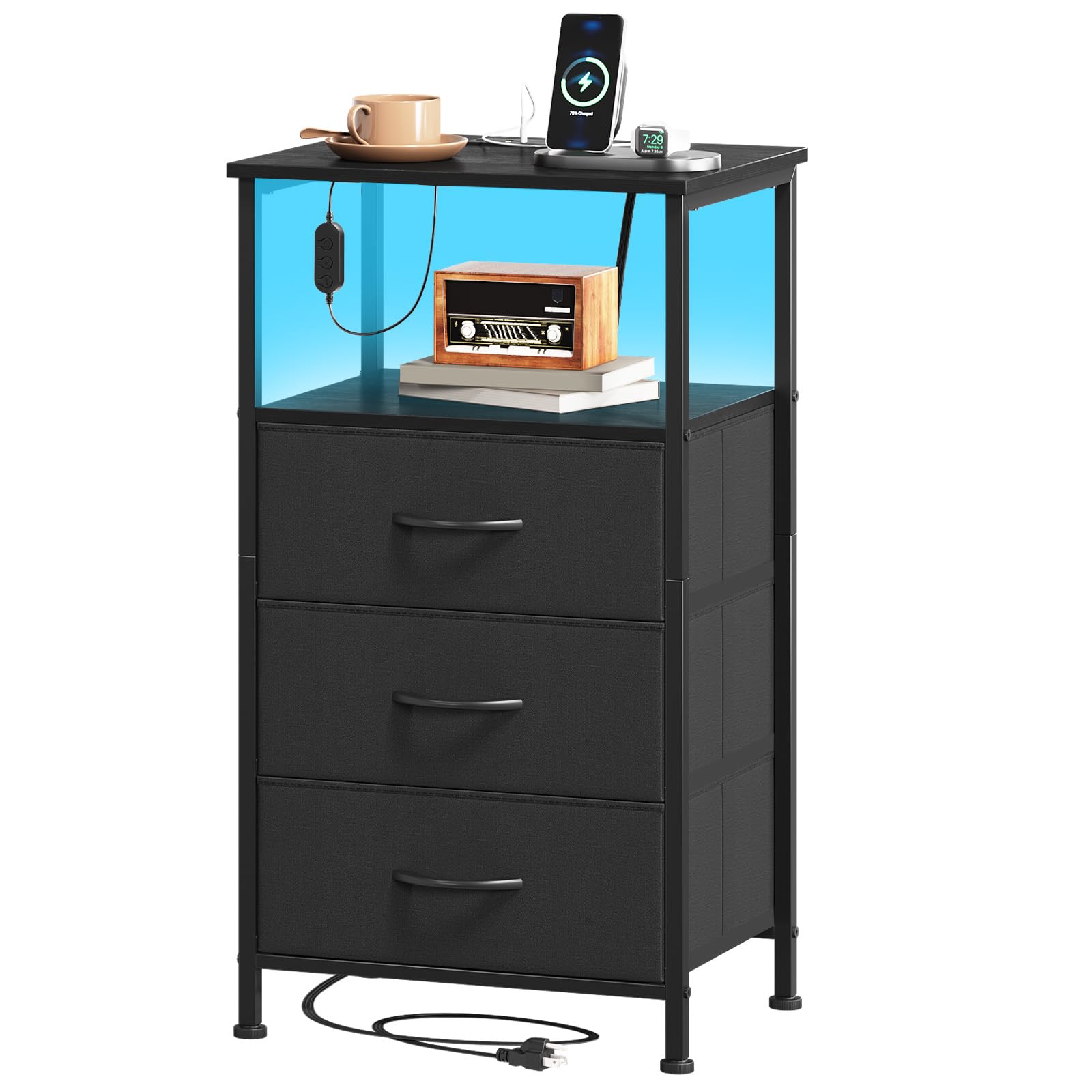 Somdot Black Nightstand with Charging Station and LED Light for Bedroom, Tall 3 Drawers Dresser with Fabric Bins for Bedside Kids Dorm Room Closet
