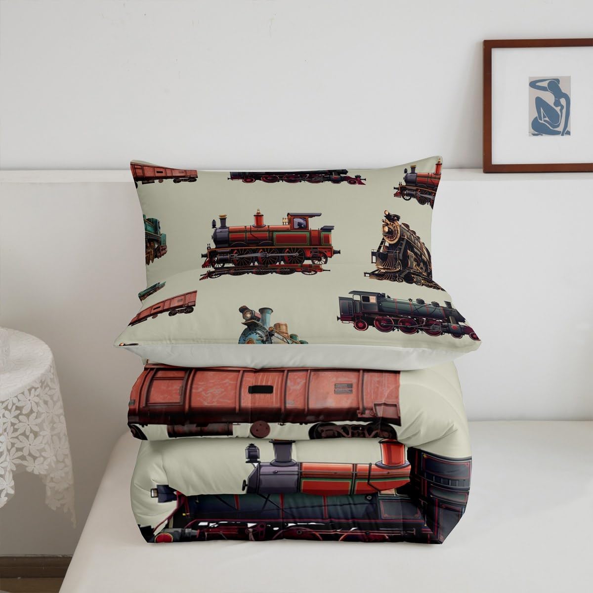 Feelyou Vintage Train Bedding Set for Kids Boys Retro Steam Engine Print Comforter Twin Size Bedroom Decor Retro Steam Locomotive Train Print Quilt Duvet 2 Pieces