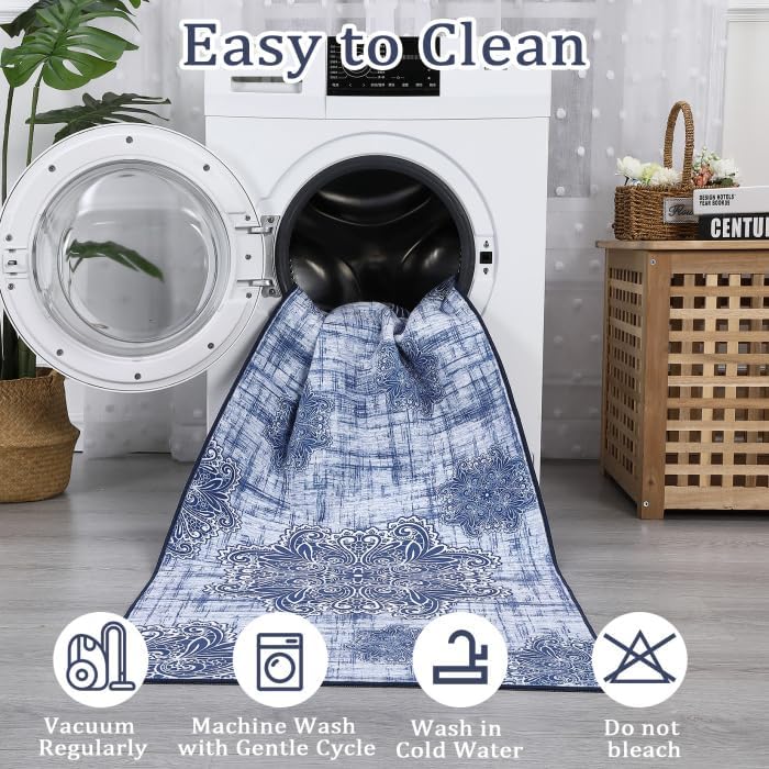 COZYLOOM Runner Rug 2x6 Vintage Medallion Area Rug Washable Kitchen Rug Non Slip Distressed Rugs Low Pile Throw Floor Carpet for Door Mat Entrance Bedrooms, Beige/Navy