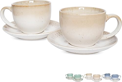 Bosmarlin Juego de 2 tazas y platillo de cerámica para capuchino, 10 onzas, aptos para lavavajillas y microondas, tazas de café para café con leche,