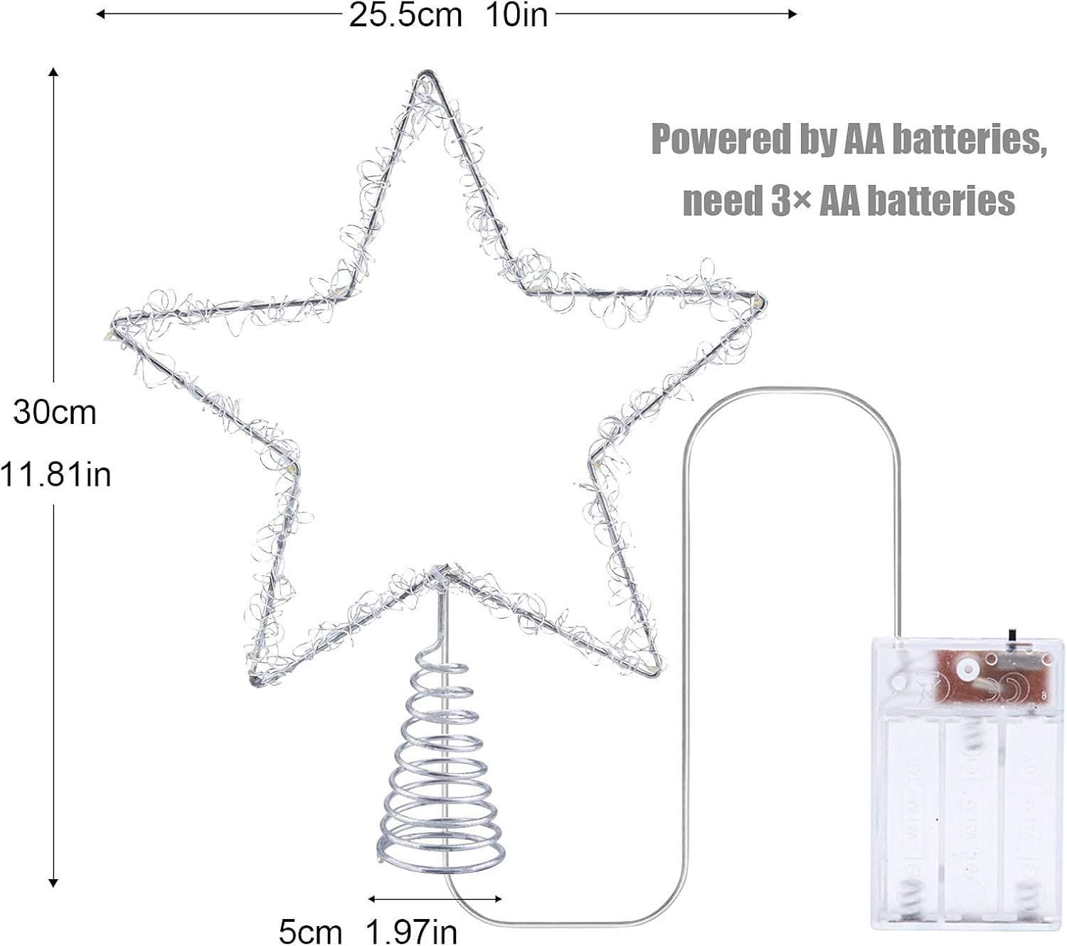 Christmas Tree Topper Star 10 Inch Silver Single Five-Pointed Star with Timer Decoration for Xmas Home Festive Party, Fit for General Size Xmas Tree