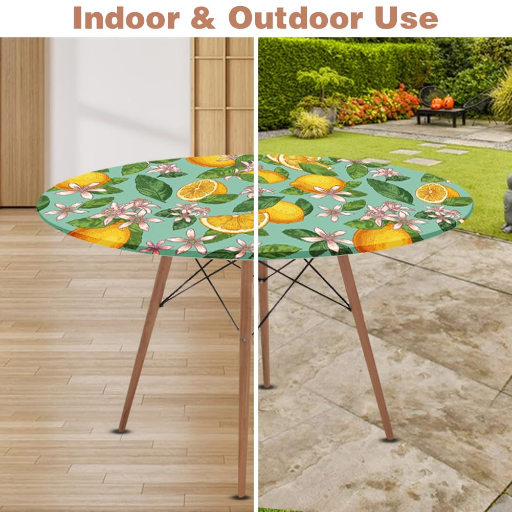 Yuragim Mantel redondo para exteriores con goma elástica, 90 cm, redondo, lavable, para exteriores, resistente a la intemperie, mantel elástico para jardín con estampado de limón, apto para mesas de