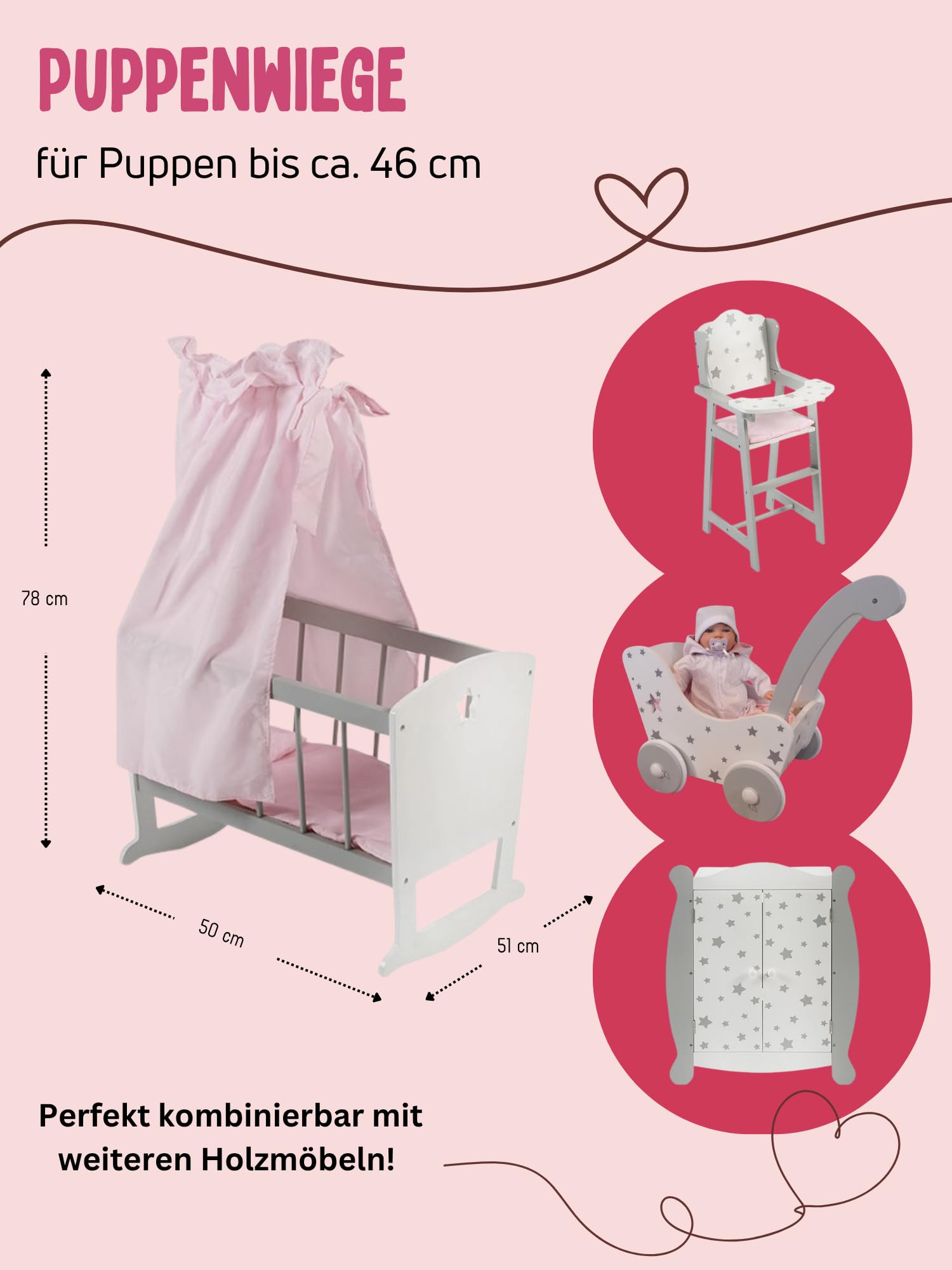 Bayer Chic 2000 - Kołyska dla lalek do 46 cm, łóżko dla lalek, meble dla lalek, gwiazdy szare