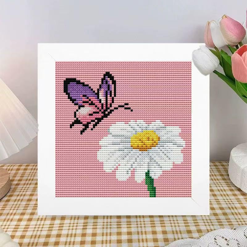 Image of Butterfly Cross Stitch Kits, Daisy Cross Stitch Kits For Adults, Stamped Cross Stitch Kits For Beginners with Framed,Full 11CT Cross-Stitch Embroidery Kit ,Arts And Crafts For Adults Women 6.7x6.7inch