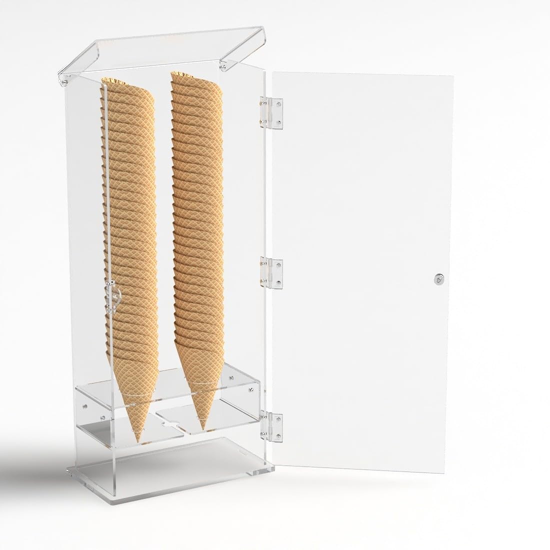 Porta coni gelato per cialde grandi in plexiglass trasparente a 2 fori con sportello - Misure: 27 x 13 x H61 cm