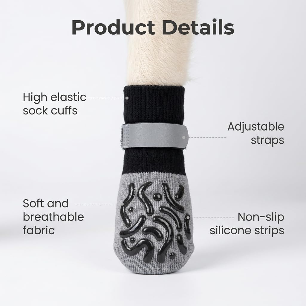 Chaussettes Antidérapantes pour Chien 2 Paires, Protège-Pattes Réglables avec Motifs en Silicone, Confortables et Élastiques pour Petits Chiens et Chats, Protection Sol et Mobilité