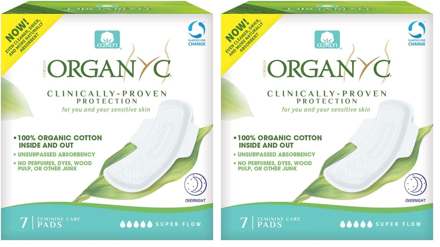 Organyc New and Improved 100% Certified Organic Cotton Overnight Feminine Pads, Heaviest Flow, Super Absorbency 2.0, 7 Count (Pack of 2)