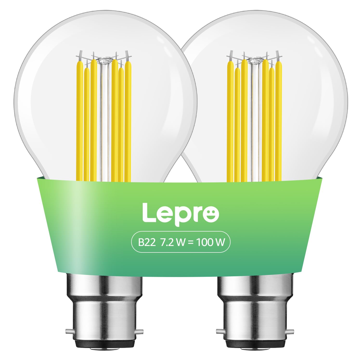 Lepro B22 Bayonet Light Bulb, A-Rated Ultra-efficient LED Bulb, 7.2W = 100W, 1521lm, 2700K Warm White, 50000H Lifespan, Clear Filament, Vintage Glass, Non-dimmable, Pack of 2